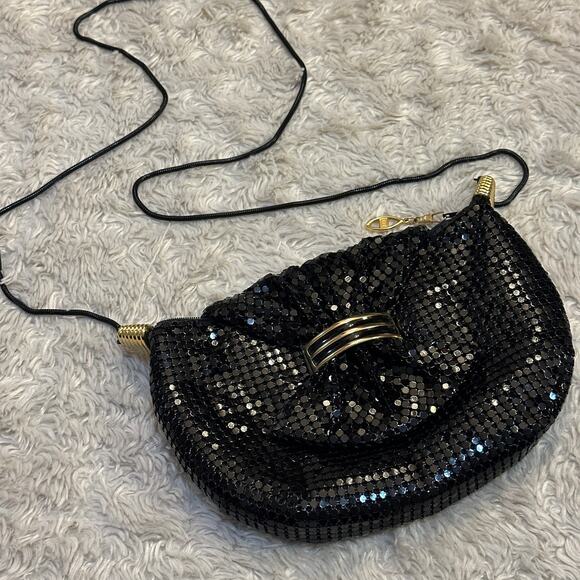Vintage 80s Glam Black Metal Mesh Bow Purse Shoulder Handbag Chainmaille Gold - Picture 1 of 9